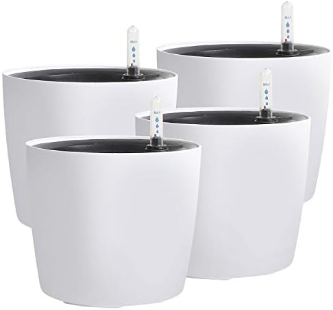 KINJOEK 4 Packs 7 Inch Self Watering Planter with Water Level Indicator, Modern Garden Decorative White Flower Pot for House Plants, Flowers, African Violets, Succulents, White by KINJOEK