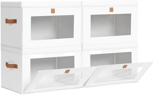 Homsorout Large Clothing Storage Bins - Collapsible Boxes with Handles & Window, Decorative Organizer Bins with Lids, Fabric Containers for Living Room, Dorm, 4 Pack, White by Homsorout
