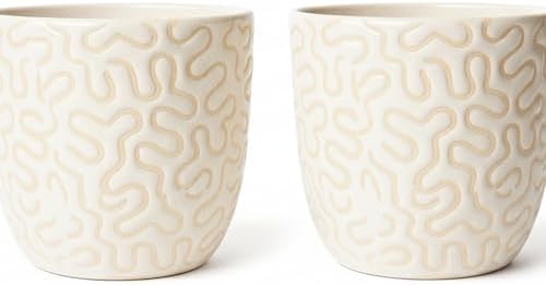 Ceramic Planter Pot with Drainage Hole, Modern Textured Indoor Plant Pot, Decorative Cream Ceramic Planter for Succulents, Herbs & Small Plants, Minimalist Stoneware Flower Pot for Home Decor Set of 2 by Unknown
