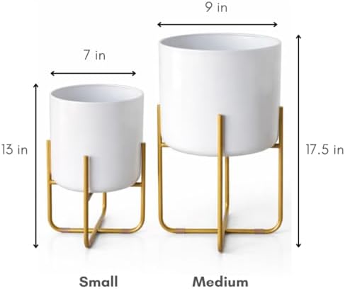 Kirpi Modern Planter Pots, Set of 2 Round White Planters with Gold Stand, Decorative Floor Planters, Steel Pots with Drainage Holes for Living Room, Office, Garden, 7 and 9 Inch Diameter - Image 3