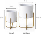 Kirpi Modern Planter Pots, Set of 2 Round White Planters with Gold Stand, Decorative Floor Planters, Steel Pots with Drainage Holes for Living Room, Office, Garden, 7 and 9 Inch Diameter - Image 3