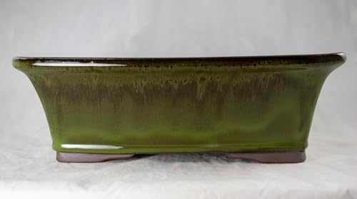 Yubonzai Rectangular Moss Green Glazed Bonsai Pot, Cactus & Succulent Planter + Tray + Mesh - 12"x 9.25"x 4" - Image 3