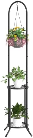 BMOSU Plant Stand with Hooks Indoor Outdoor Corner Tall Plant Stand Heavy-Duty Metal 3-Tier Plant Shelf Holder Rack for Patio Garden Balcony Living Room Bedroom(circular Black) by BMOSU