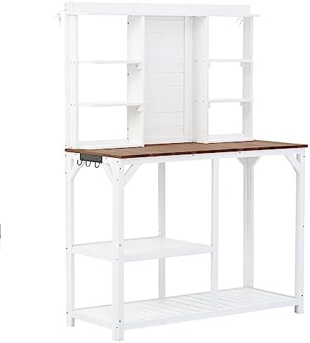 Outdoor Garden Potting Bench Table with 6-Tier Storage Shelves and Side Hook, 64.6" Large Wooden Patio Work Station, Potting Benches for Outside, Mudroom Backyard Work Bench Table (White) - Image 2