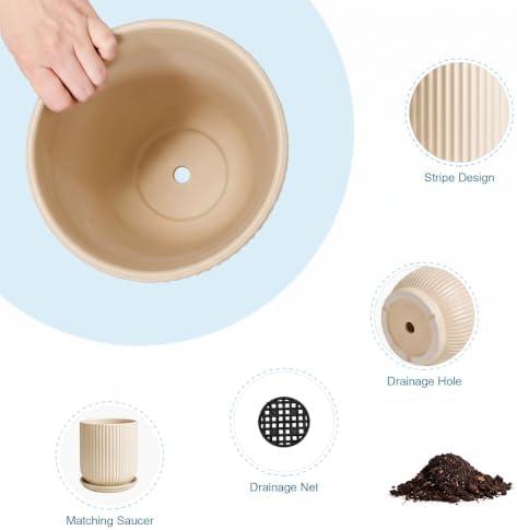 Deep Dream 12 Inch Ceramic Pots for Plants, Heavy Plant Pot for Indoor Outdoor Plants, Large Plant Pot with Drainage Hole and Saucer, Modern Tall Flower Pot, Gifts for Plant Lovers, Cream - Image 5