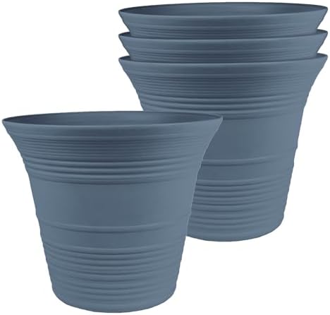 The HC Companies 9 Inch Sedona Round Self Watering Planter Pots, Lightweight UV-Resistant Plastic Indoor & Outdoor Planters, 4-Pack Flower Pots for Garden & Home Decor, Slate Blue by TheHCCompanies