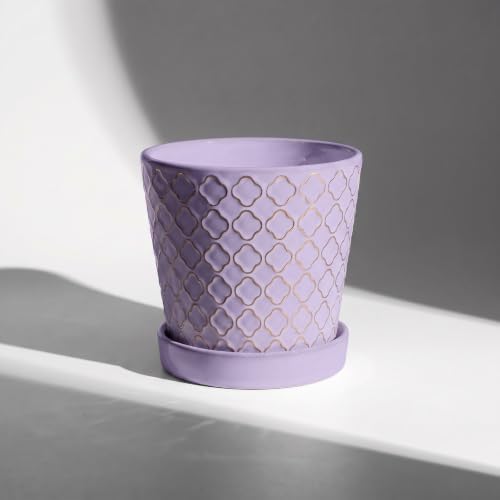 EFISPSS Ceramic Plant Pots, 5 Inch Planters with Drainage Holes and Ceramic Tray, Relief Design Flower Planter, Desktop Office Windowsill Decoration Gift Set of 4 - Lavender - Image 4