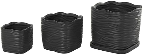 Deco 79 Ceramic Indoor Outdoor Planter Wavy Ribbed Large Planter Pot with Attached Saucer, Set of 3 Planters 7",6",5" H, Black - Image 7