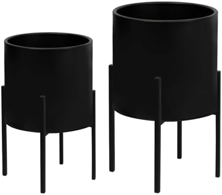 ARNIS Modern Plant Pots, Large Planters with Stand, Set of 2 Decorative Planters, Metal Plant Pots with Drainage Holes for Living Room, Office, Garden or Balcony, 10.5 &12.25 Inch, Black - Image 2