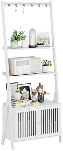 Ladder Shelf with Drawers, Bookshelf 4-Tier Bamboo Bookcase with 6 Hooks by OAKVIVOElegantLifestyle