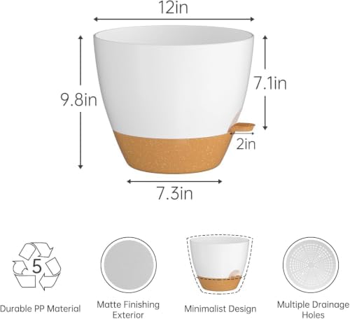 ZMTECH 3Pcs 12Inch Plant Pot Planter for Indoor Plants Self Watering Flower Pot with Drainage Holes and Saucer for Outdoor Plants(White with Brown) - Image 7