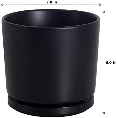 Ekirlin 7 inch Plant Pot Indoor - Black Ceramic Flower Planters - Modern Succulents Containers with Drain Hole & Saucer Tray, Garden Pots with Home Decorate, Office & Outdoor - Image 3