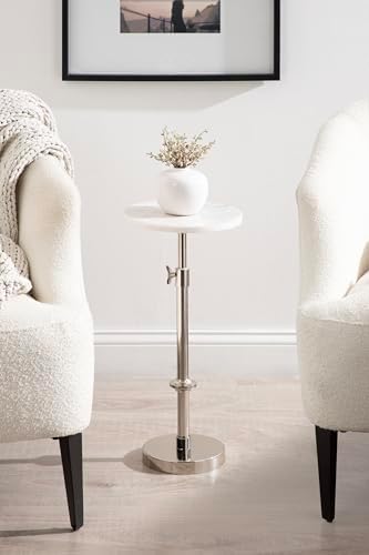 Kate and Laurel Engles Traditional Adjustable-Height Pedestal Drink Table, 10 x 10 x 30, White Marble and Silver Chrome, Vintage Round Indoor Metal Plant Stand with Authentic Marble Tabletop - Image 2