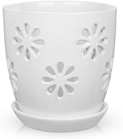 Oairse 6 inch Orchid Pots with Holes, White Ceramic Orchid Pot for Repotting Small Indoor Plant Pots with Drainage Holes and Saucers Decorative Flower Planter for Orchids, Indoor Plant by Oairse