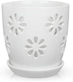 Oairse 6 inch Orchid Pots with Holes, White Ceramic Orchid Pot for Repotting Small Indoor Plant Pots with Drainage Holes and Saucers Decorative Flower Planter for Orchids, Indoor Plant by Oairse