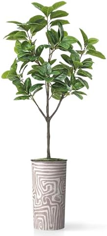 Artificial Tree in Geometric Pattern Planter, Fake Magnolia Tree for Indoor and Outdoor Home Decoration - 70" Overall Tall (Plant Pot Plus Tree) - Image 2