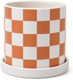 Checkered Ceramic Planter Pot with Drainage Hole and Saucer, Black and White Planters Decor,Indoor Cylinder Round Planter Pot (Yellow, Medium) by ASLASL