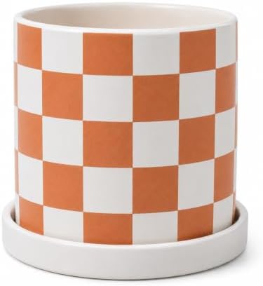 Checkered Ceramic Planter Pot with Drainage Hole and Saucer, Black and White Planters Decor,Indoor Cylinder Round Planter Pot (Yellow, Medium) by ASLASL