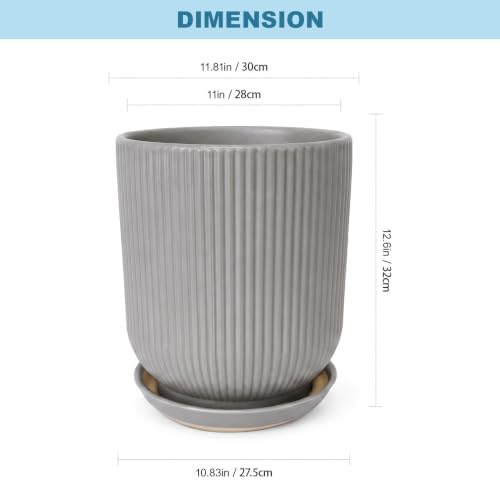 Deep Dream 12 Inch Ceramic Pots for Plants, Heavy Plant Pot for Indoor Outdoor Plants, Large Plant Pot with Drainage Hole and Saucer, Modern Tall Flower Pot, Gifts for Plant Lovers, Grey - Image 3