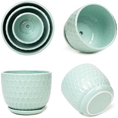 Ceramic Flower Pots with Drainage Hole and Saucer, Modern Round Succulent Planters with Honeycomb Inspired Texture Design, Small to Medium Sized, Set of 3, Green - Image 5