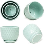 Ceramic Flower Pots with Drainage Hole and Saucer, Modern Round Succulent Planters with Honeycomb Inspired Texture Design, Small to Medium Sized, Set of 3, Green - Image 5