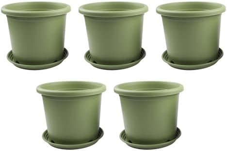 5 Pack Large Resin Flower Pots with Drainage Trays, Thickened Green Planters Indoor Outdoor Garden, Sturdy Lasting Roses Hydrangeas Balcony(21.5 * 18cm) - Image 2
