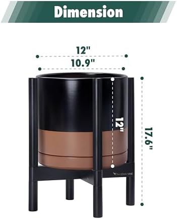 D'vine Dev Ceramic Pot with Ebony Wood Stand, Black/Tan, 12 in, 55-B-H-7 - Image 3