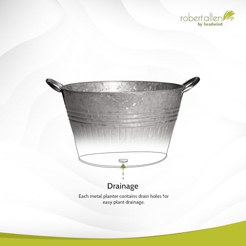 Headwind Decorative Planter - Round Galvanized Tub Planter with Handles – 10 Inch Lightweight Metal Planter with Drainage Hole – Galvanized Steel Tub for Plants - Metal Flower Pot by Robert Allen - Image 5