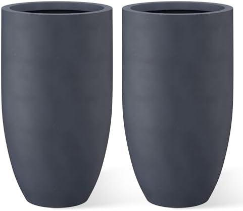 Kante 24 Inch Tall Concrete Planter (Set of 2), Outdoor Indoor Large Plant Pots with Drainage Hole and Rubber Plug for Home Garden Patio Porch Smooth Charcoal by Unknown