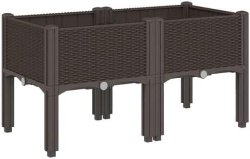 Brown Elevated Garden Planter with Legs, 31.5x15.7x16.5 Inch Polypropylene Planter Box for Climbing Plants, Rattan Look Design for Patio and Terrace - Image 2