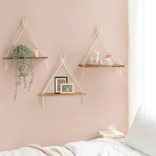 Mkono Woven Storage Basket Decorative Rope Basket and Macrame Hanging Shelves Boho Wall Decor Set of 3 - Image 5