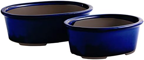 Wazakura Banko Series 2 PCS Blue Bonsai Pot Set with Drainage Holes, Made in Japan Ceramic Garden Planter Pack, Handmade Glazed Houseplant Bowl by WazakuraJapan