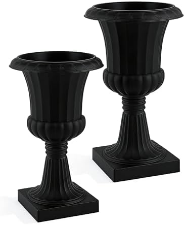 2PCS Plastic Urn Planter, Large Flower Urn for Outdoor Patio, Modern Garden Pot with Drainage Hole, Decorative White Vase for Front Porch, 19 Inch (Black 2) - Image 3
