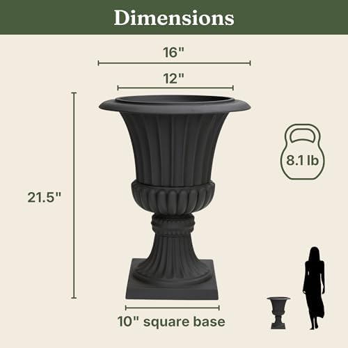 Urn Planters 22", Set of 2, Tall Stone-Resin Pedestal Planters for Outdoor Plants, Large Front Porch Decor, Patio Garden Pots, Outdoor Urns for Entryway, Porch & Deck, Black Plant Pot - Image 4