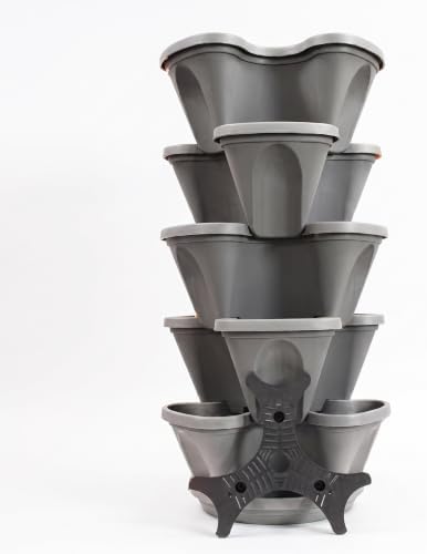 Nature’s 5 Tier Stackable Vertical Garden Planter – Patented Self-Watering Strawberry Tower for Indoor/Outdoor Use – Stacking Pots for Herbs, Tomatoes, Carrots, Vegetables & More (Concrete Grey) by NaturesDistributing