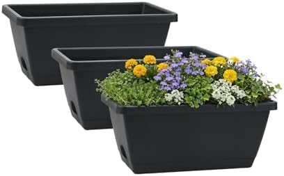 GREANER Rectangular Window Boxes with Trays, 3 Packs Modern Vegetable Planters, 13.8Inch Plastic Flower Boxes Container for Windowsill, Patio, Garden, Balcony, Porch, Indoor and Outdoor Use, Black by GREANER