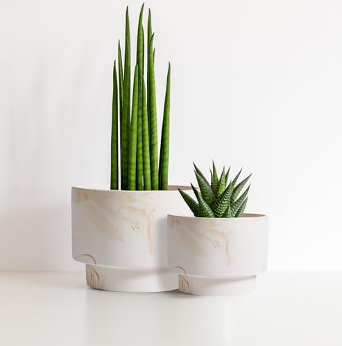 Olly & Rose White with Beige Streaks Ceramic Plant Pot Set 2-16.5,13.5cm Medium Plant Pots Outdoor and Indoor - White Planters - Flower Pots - Image 2