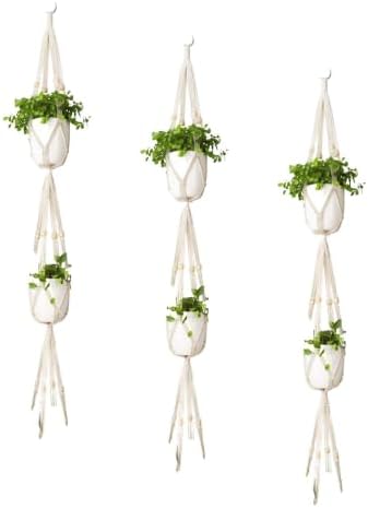 Mkono Macrame Plant Hanger 3 Tier Indoor Outdoor Hanging Planter Basket Cotton Rope with Beads 70 Inches (Pots and Plants NOT Included) (Pack of 3) by Mkono