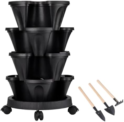 GameXcel Vertical Planter Tower - 4 Tier Stackable Garden Planters with Wheels and Tools Plant Pots for Strawberry Herb Flower and Vegetable Indoor Outdoor Use Black by GameXcel