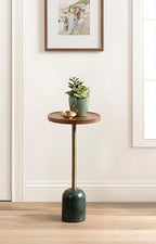 Kate and Laurel Shorrock Round Mango Wood Side Table, 12 x 12 x 24, Walnut Brown, Brass, and Green Marble, Modern Pedestal End Table with Marble Base for Bedroom Nightstand or Living Room Plant Stand - Image 4