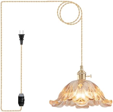 Plug in Pendant Light Fixtures,Hanging Light Fixture Flower Amber Glass Pendant Light 11 inch E26 Pendant Lighting for Kitchen Island, Bedroom, Dining Room, Living Room by Loiogohot