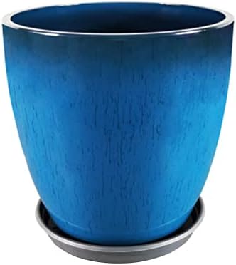 FixtureDisplays® Garden Plastic Round 11.8" Diameter 12" Tall Planter Resin Glazed Faux Ceramic Flower Pots Drainage Hole with Saucer Decorative Pot 15580-NF by FixtureDisplays
