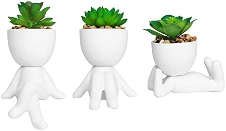 Zerzsy 3 Pack Artificial Succulent Plants for Office Desk, Fake Plants with Ceramics Human Shaped Pots, Small Cute Fake Succulents Pots for Bedroom/Room/Cubicle/Bookshelf Decor (Ceramic White) by Zerzsy