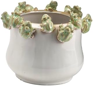 Creative Co-Op Decorative Stoneware Planter with Frog Figurine Rim, White and Green by Unknown