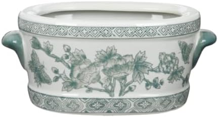Green and White Ceramic Planter Pot – Vintage Floral Oval Cachepot Vase for Indoor Plants, Flowers & Succulents – Glazed Chinese Porcelain Style Decorative Bowl – 7.4" Size – No Drainage by Arborus