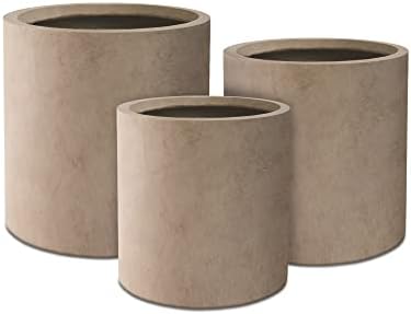 Round Concrete/Fiberglass Indoor & Outdoor Lightweight Decorative Plant Pots with Drainage Hole, Set of 3, 15.8", 12.5" & 9.8" L, Weathered Concrete - Image 2