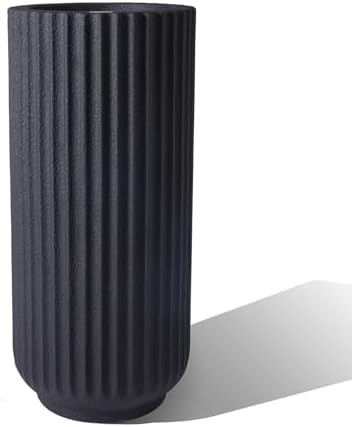 31.5" Tall Indoor Outdoor Planter, Modern Fluted Big Round Plant Pot ,Black by TerraDecoOutdoorPlanters