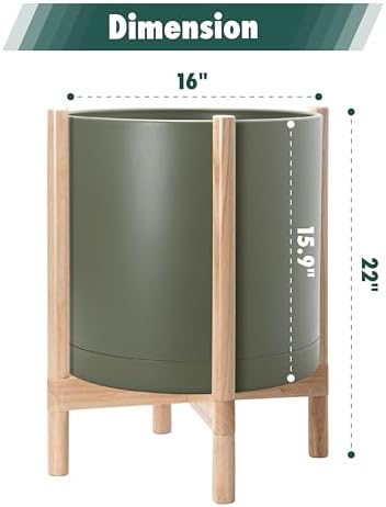 D'vine Dev Plastic Pot with Natural Wood Stand, Olive, 16 in, 55-C-Y-3 - Image 3