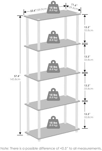 Furinno Turn-N-Tube Book Shelf, 5-Tier Bookshelf, Bookcase with Multipurpose Compact Display Rack, 11.6 x 23.6 x 57.4, for Living Room, Bedroom, Home Office, French Oak/Black - Image 3