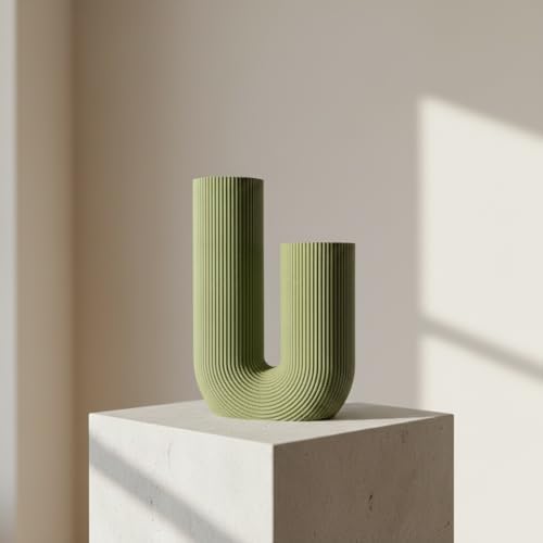 U-Shaped Modern Vase, Minimalist Ribbed Planter for Real & Dried Plants, Sustainable Home Decor (Olive) by RivonCreations